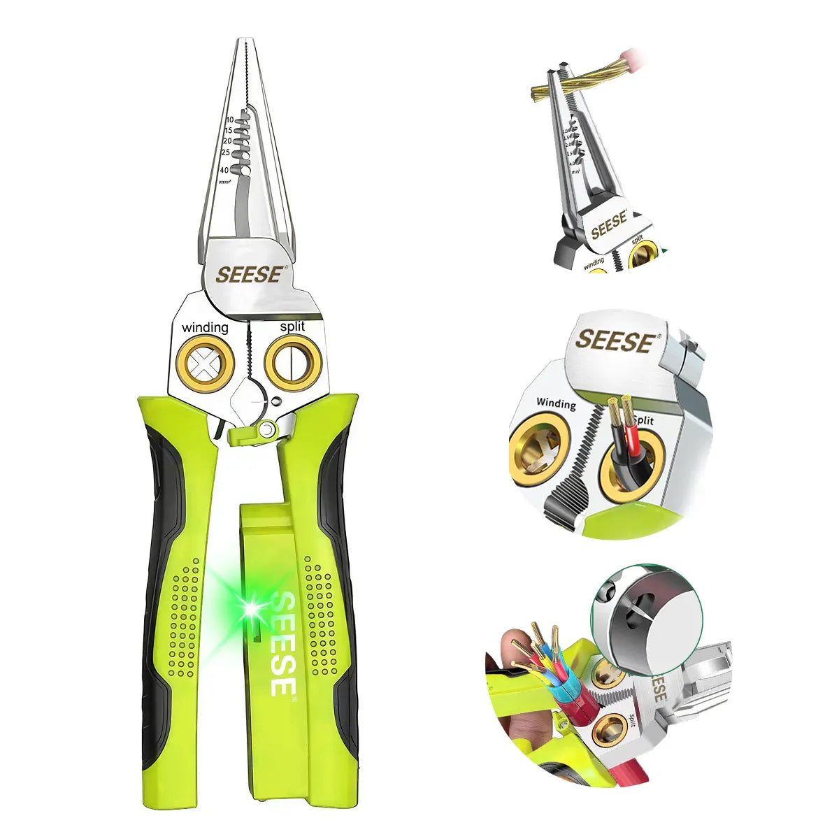 SEESE 8 in 1 Wire Stripper Twister for Cutting and Pulling Wires, Voltage Tester Pliers,Cable Scissors, 12V to 250V Live,Null,Hot Wire Judgment AC DC, Audible and Flashing LED Alarms