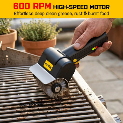 SOARFLY G9 Cordless Electric Grill Brush with 600RPM Motor, Safety Locks, and Two 304 Stainless Steel Brush Heads - Compact Design for Tight Spaces and Corners