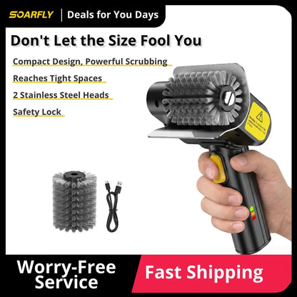 SOARFLY G9 Cordless Electric Grill Brush with 600RPM Motor, Safety Locks, and Two 304 Stainless Steel Brush Heads - Compact Design for Tight Spaces and Corners