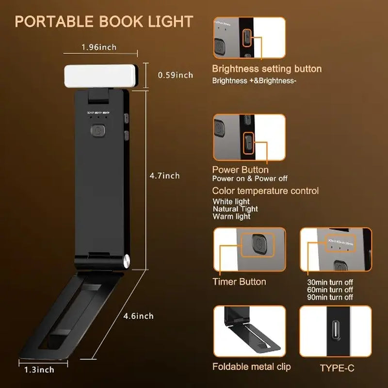 AIR U Rechargeable Clip-On Reading Light – 3-Color, 5-Level Dimmable Portable LED Lamp for Bedroom, Travel, and Nighttime Reading