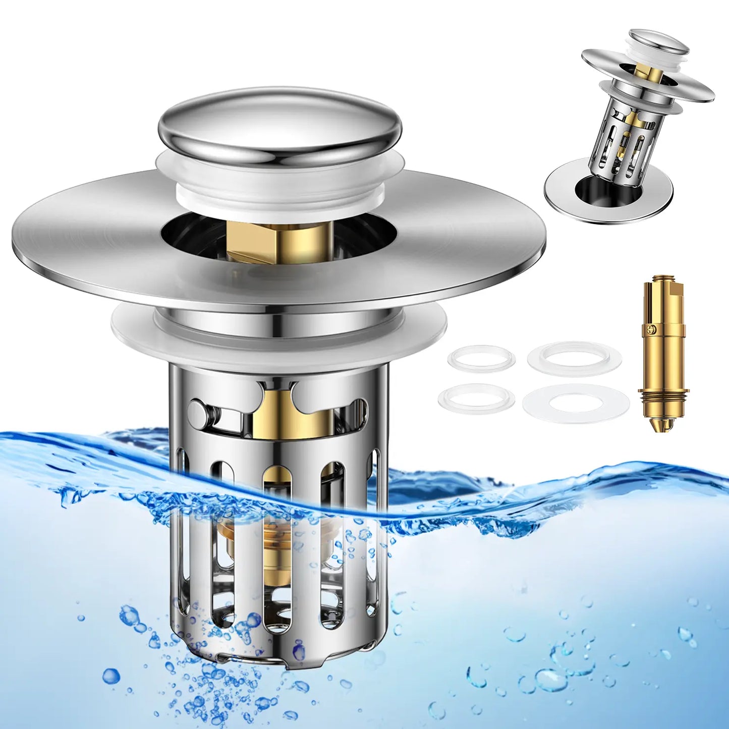 JOMST Bath Universal 2-In-1 Bathroom Sink Stopper, Pop-Up with Anti-Clog Removable Stainless Steel Filter Basket Drain Hair Stopper, Anti-Odor Stopper
