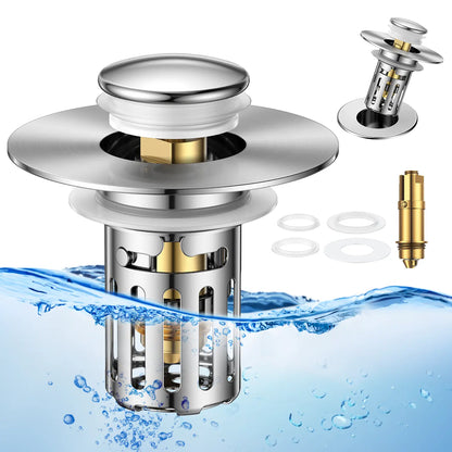 JOMST Bath Universal 2-In-1 Bathroom Sink Stopper, Pop-Up with Anti-Clog Removable Stainless Steel Filter Basket Drain Hair Stopper, Anti-Odor Stopper