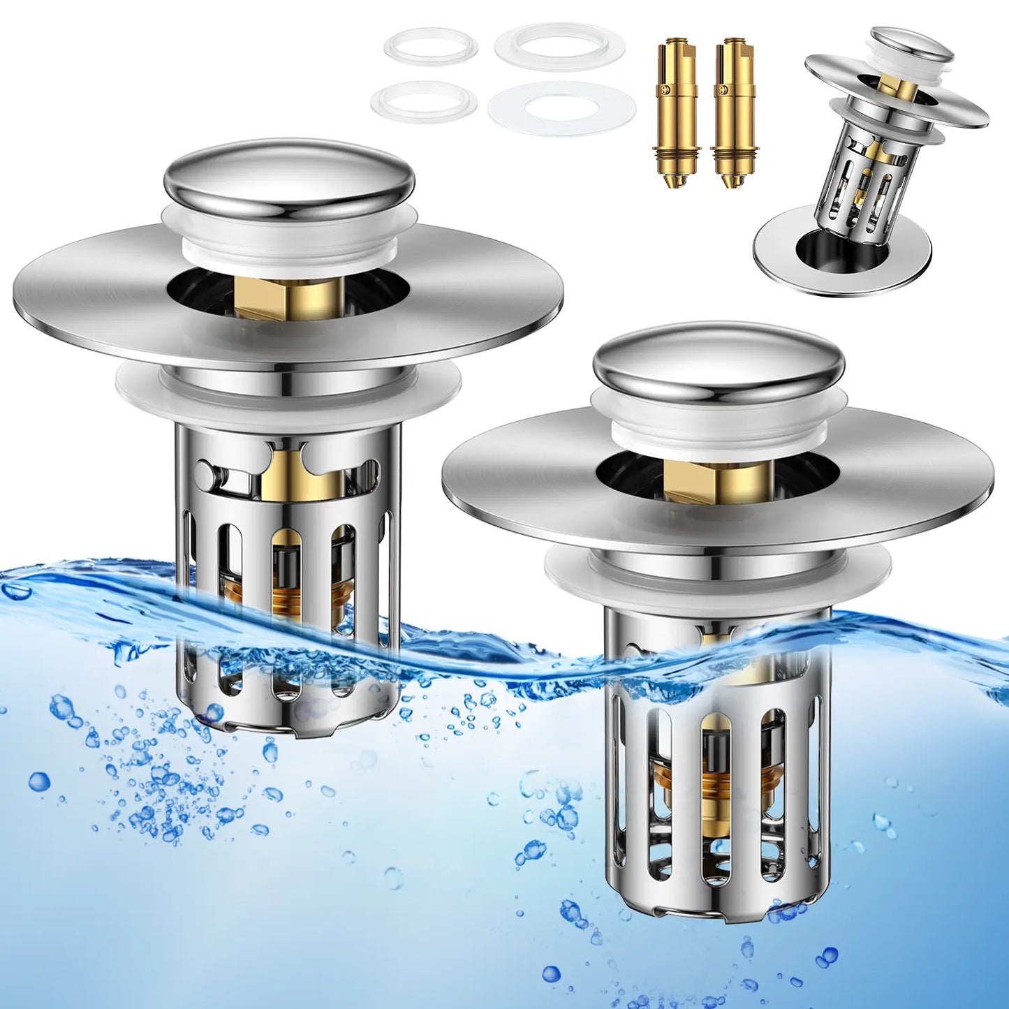 JOMST Bath Universal 2-In-1 Bathroom Sink Stopper, Pop-Up with Anti-Clog Removable Stainless Steel Filter Basket Drain Hair Stopper, Anti-Odor Stopper