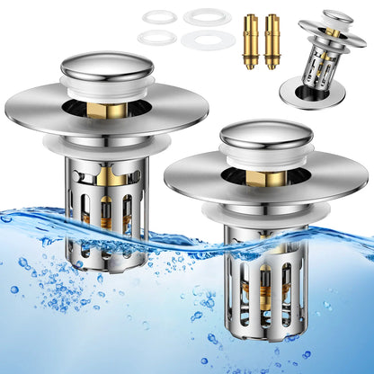 JOMST Bath Universal 2-In-1 Bathroom Sink Stopper, Pop-Up with Anti-Clog Removable Stainless Steel Filter Basket Drain Hair Stopper, Anti-Odor Stopper