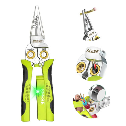 SEESE 8 in 1 Wire Stripper Twister for Cutting and Pulling Wires, Voltage Tester Pliers,Cable Scissors, 12V to 250V Live,Null,Hot Wire Judgment AC DC, Audible and Flashing LED Alarms