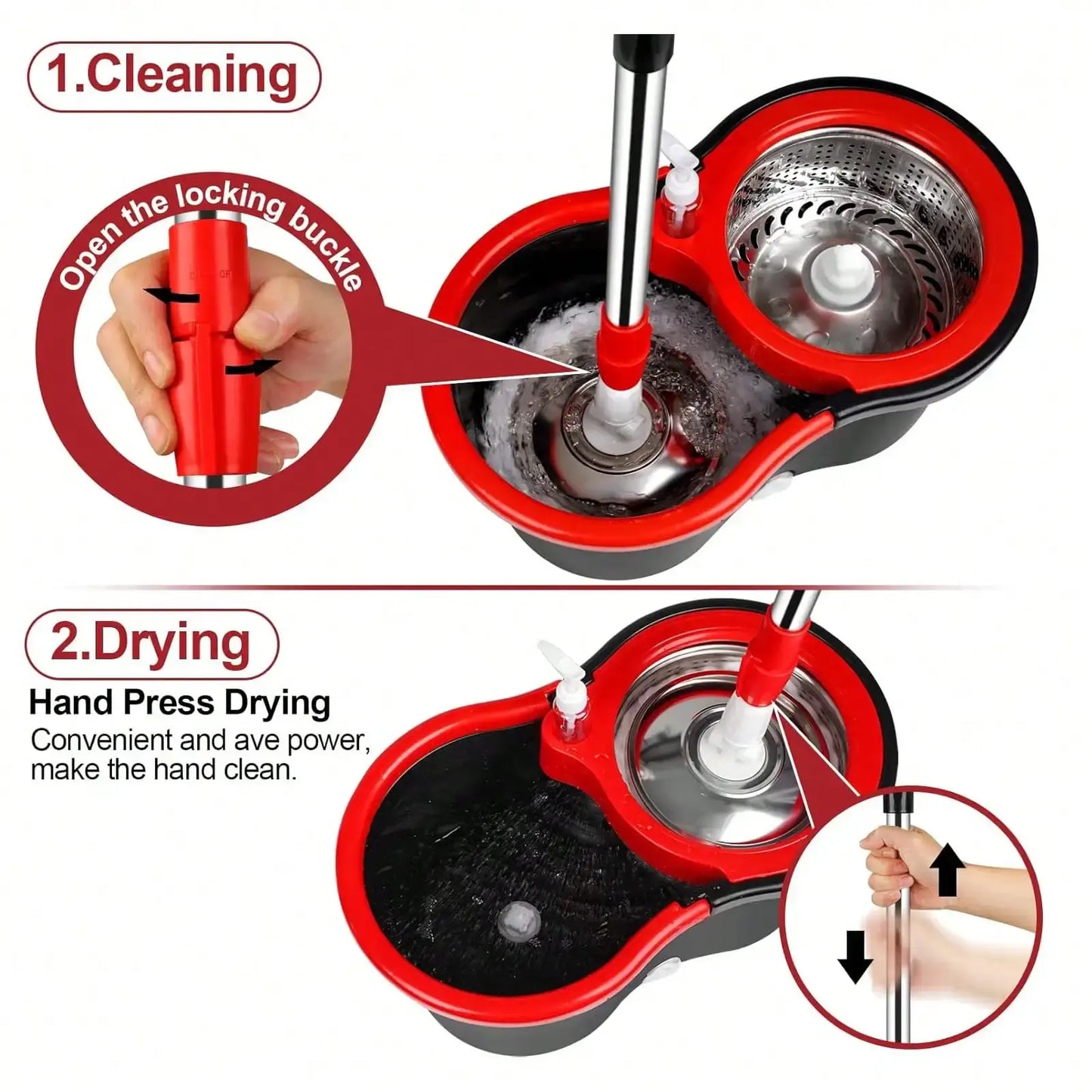 Spin Mop and Bucket with Wringer Set with 3 Microfiber Mop Replacement Heads and 61" Stainless Steel Adjustable Handle for Floor AEHOME