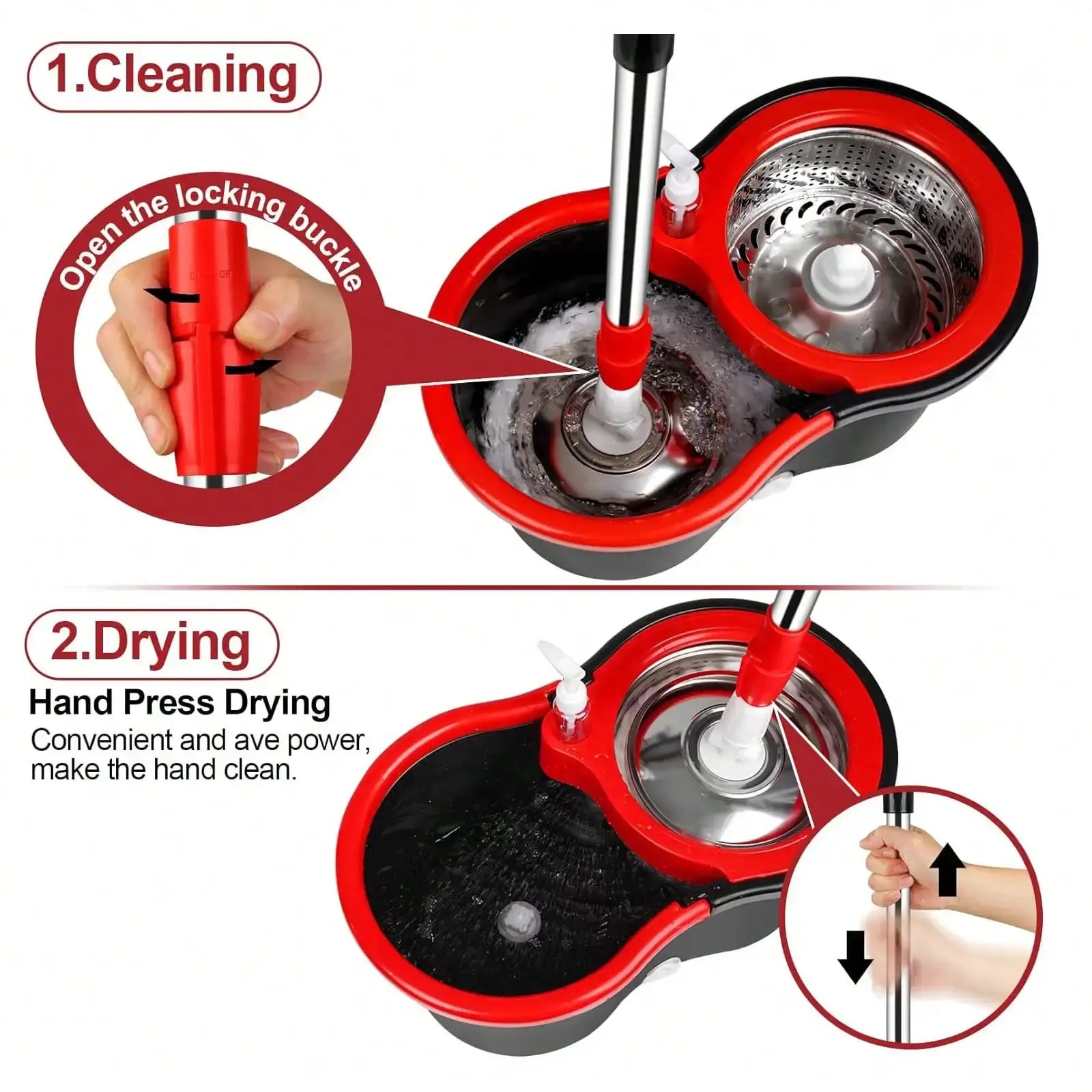 Spin Mop and Bucket with Wringer Set with 3 Microfiber Mop Replacement Heads and 61" Stainless Steel Adjustable Handle for Floor AEHOME