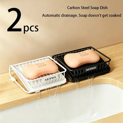 MOPMS Self-Draining Soap Dish Set, 2-Piece Carbon Steel Bar Soap Holder with Waterfall Design, Rustproof Soap Saver for Bathroom, Shower, Kitchen Sink, and Countertop