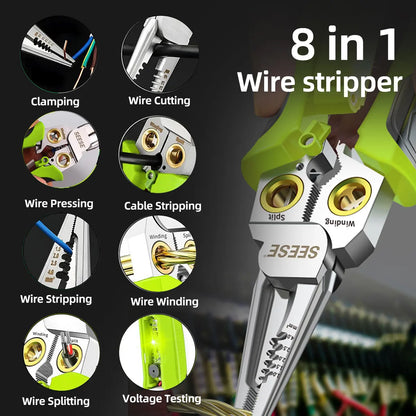 SEESE 8 in 1 Wire Stripper Twister for Cutting and Pulling Wires, Voltage Tester Pliers,Cable Scissors, 12V to 250V Live,Null,Hot Wire Judgment AC DC, Audible and Flashing LED Alarms