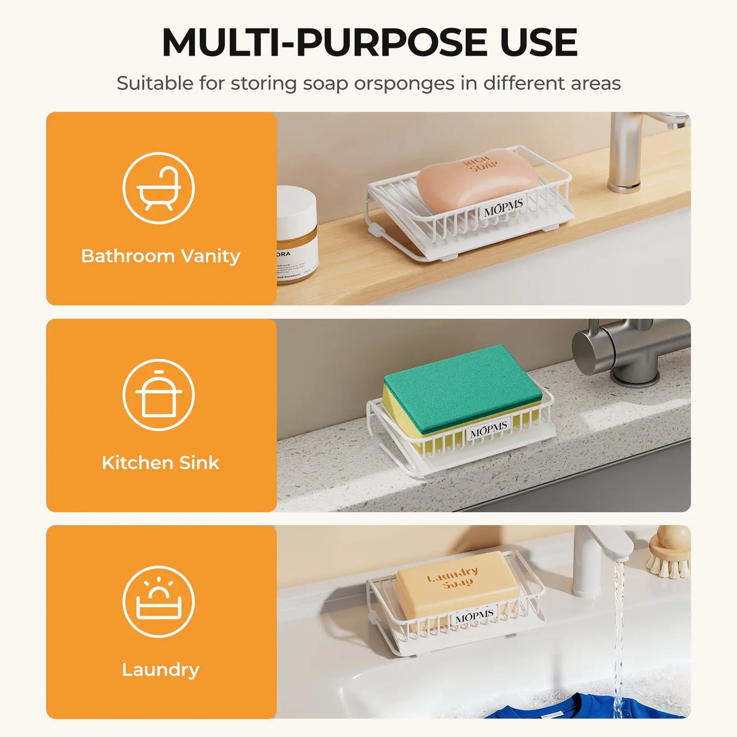 MOPMS Self-Draining Soap Dish Set, 2-Piece Carbon Steel Bar Soap Holder with Waterfall Design, Rustproof Soap Saver for Bathroom, Shower, Kitchen Sink, and Countertop