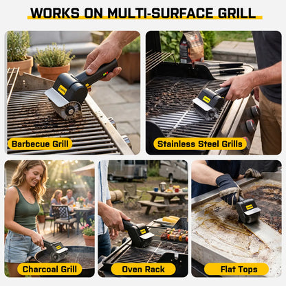 SOARFLY G9 Cordless Electric Grill Brush with 600RPM Motor, Safety Locks, and Two 304 Stainless Steel Brush Heads - Compact Design for Tight Spaces and Corners