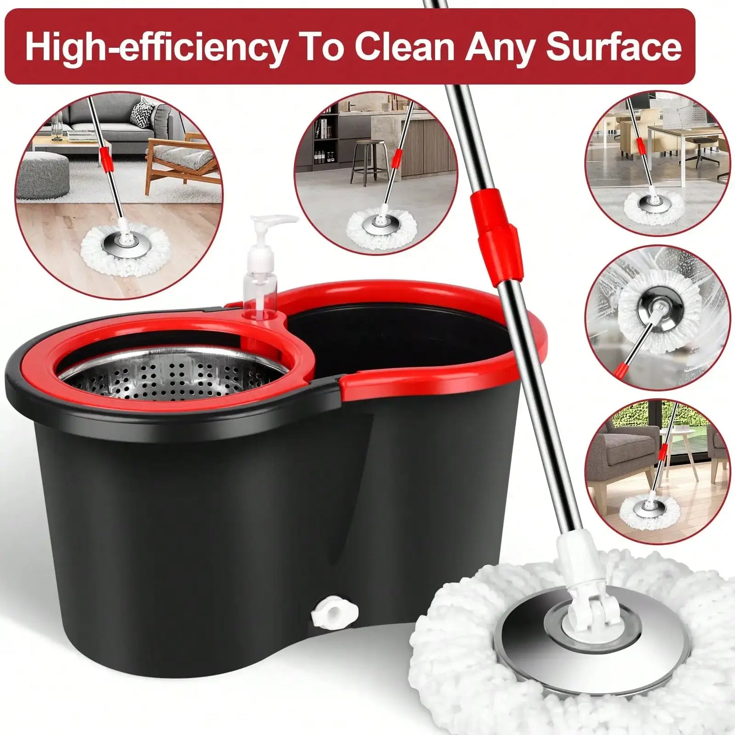 Spin Mop and Bucket with Wringer Set with 3 Microfiber Mop Replacement Heads and 61" Stainless Steel Adjustable Handle for Floor AEHOME