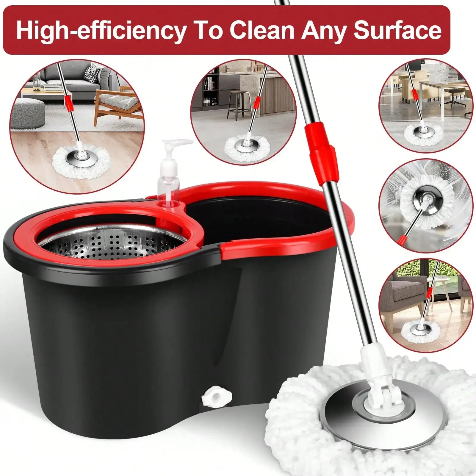 Spin Mop and Bucket with Wringer Set with 3 Microfiber Mop Replacement Heads and 61" Stainless Steel Adjustable Handle for Floor AEHOME