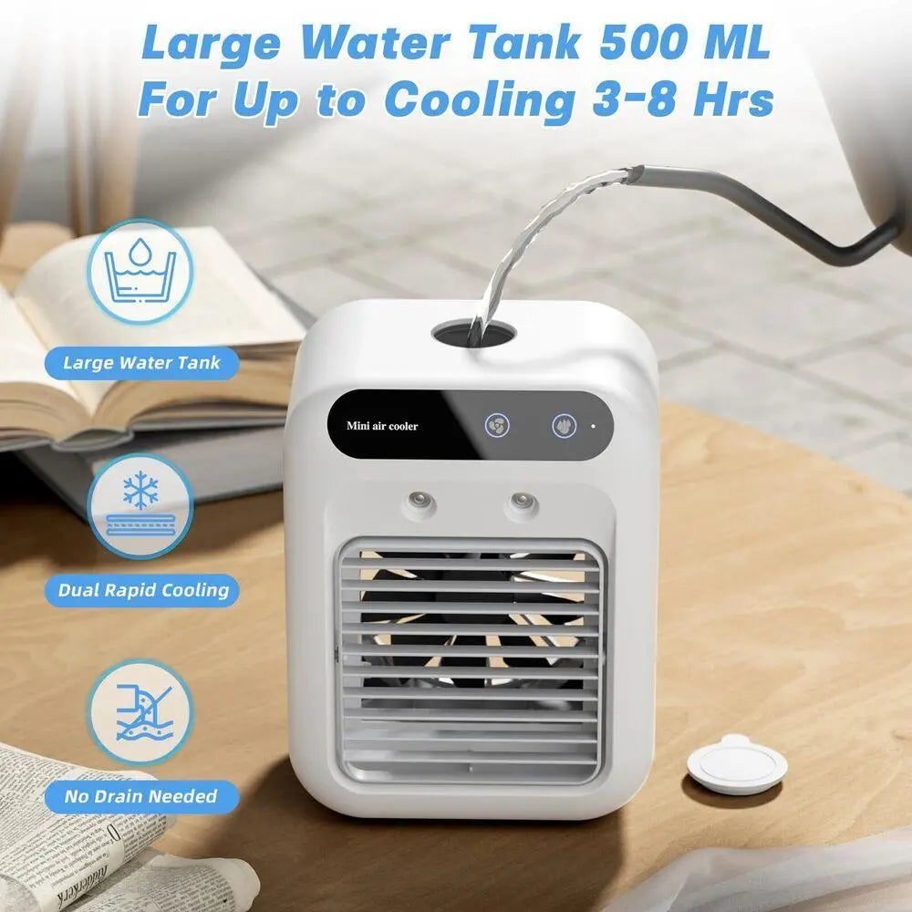 Dealsforyou 3-in-1 Portable Air Conditioner Fan with Dual Mist Speeds - Personal Evaporative Cooler for Bedroom, Office, and Camping, Featuring 1800mAh Battery and 500ml Water Tank (Not an AC Unit)