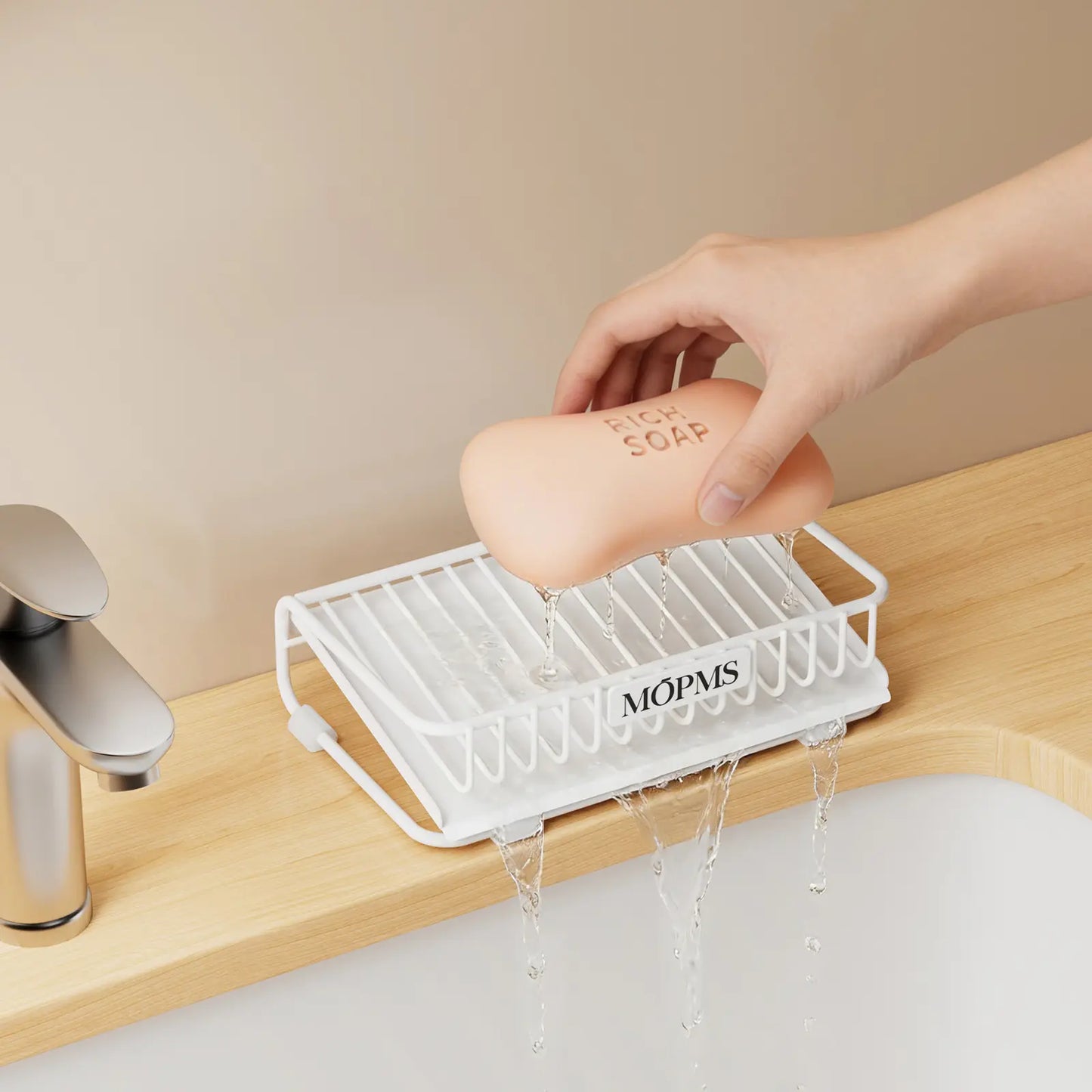 MOPMS Self-Draining Soap Dish Set, 2-Piece Carbon Steel Bar Soap Holder with Waterfall Design, Rustproof Soap Saver for Bathroom, Shower, Kitchen Sink, and Countertop
