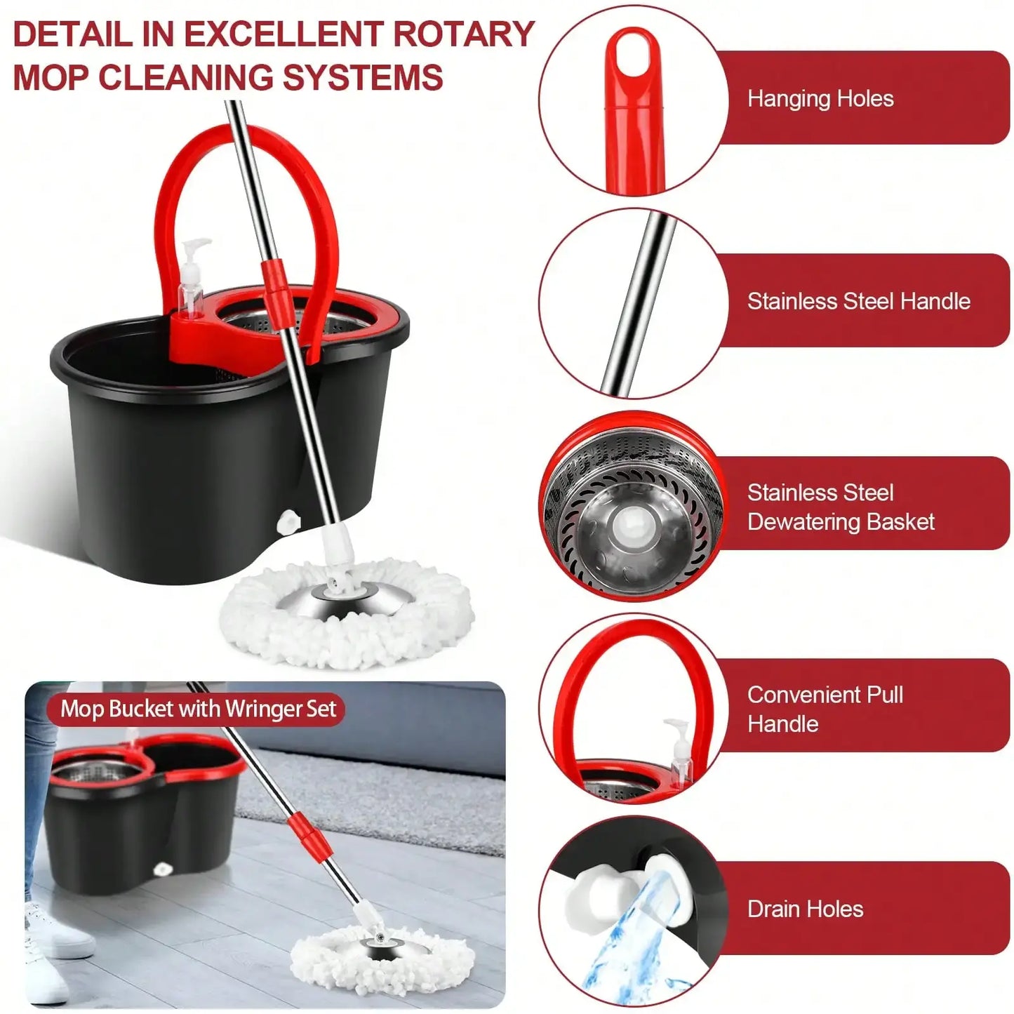 Spin Mop and Bucket with Wringer Set with 3 Microfiber Mop Replacement Heads and 61" Stainless Steel Adjustable Handle for Floor AEHOME