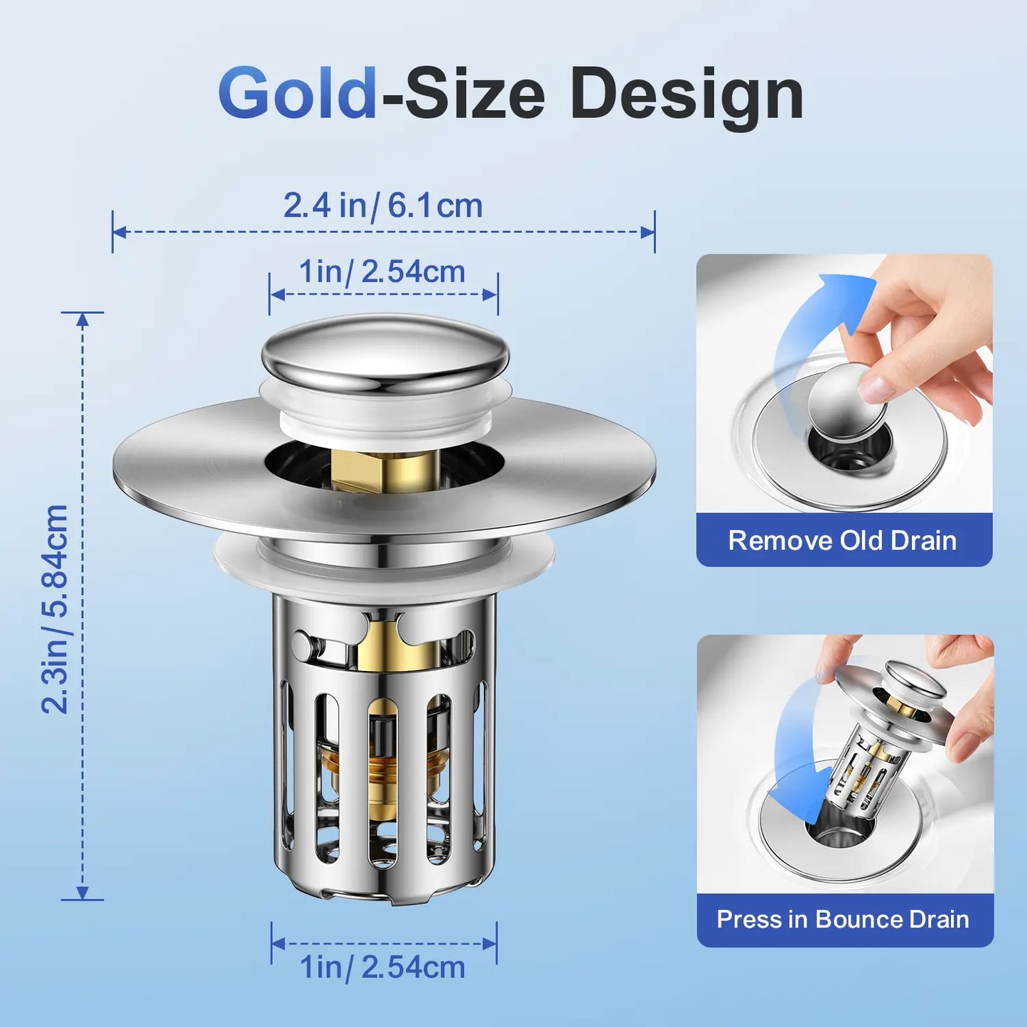 JOMST Bath Universal 2-In-1 Bathroom Sink Stopper, Pop-Up with Anti-Clog Removable Stainless Steel Filter Basket Drain Hair Stopper, Anti-Odor Stopper