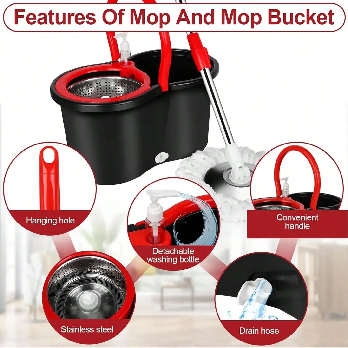 Spin Mop and Bucket with Wringer Set with 3 Microfiber Mop Replacement Heads and 61" Stainless Steel Adjustable Handle for Floor AEHOME