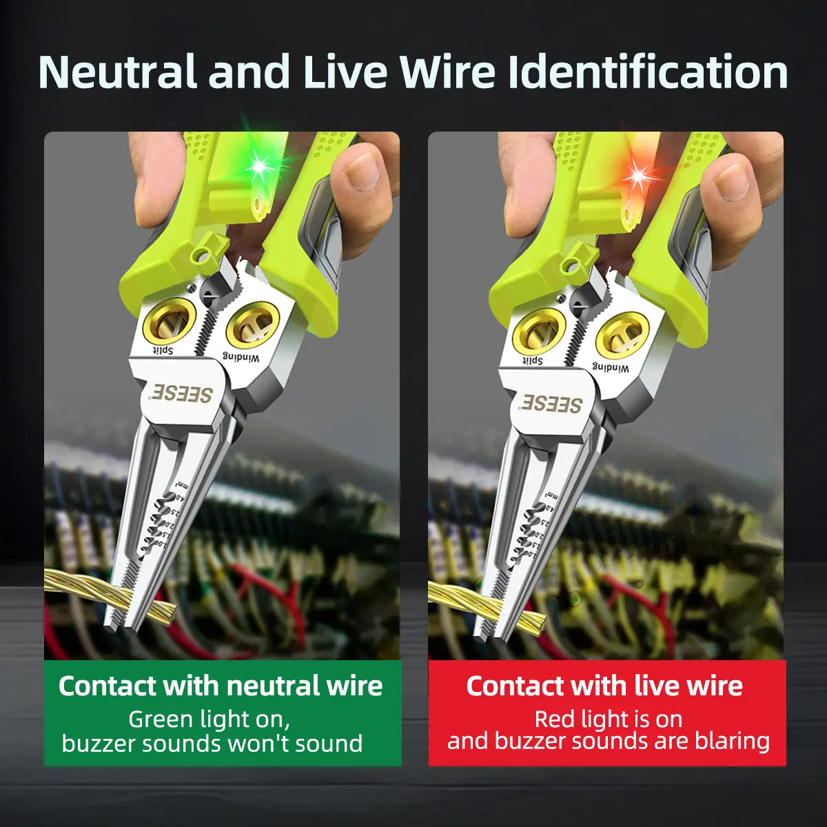 SEESE 8 in 1 Wire Stripper Twister for Cutting and Pulling Wires, Voltage Tester Pliers,Cable Scissors, 12V to 250V Live,Null,Hot Wire Judgment AC DC, Audible and Flashing LED Alarms