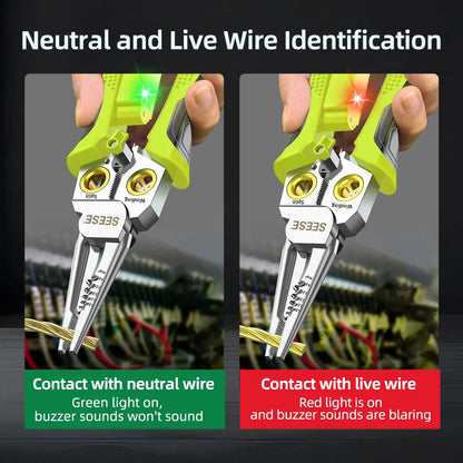 SEESE 8 in 1 Wire Stripper Twister for Cutting and Pulling Wires, Voltage Tester Pliers,Cable Scissors, 12V to 250V Live,Null,Hot Wire Judgment AC DC, Audible and Flashing LED Alarms