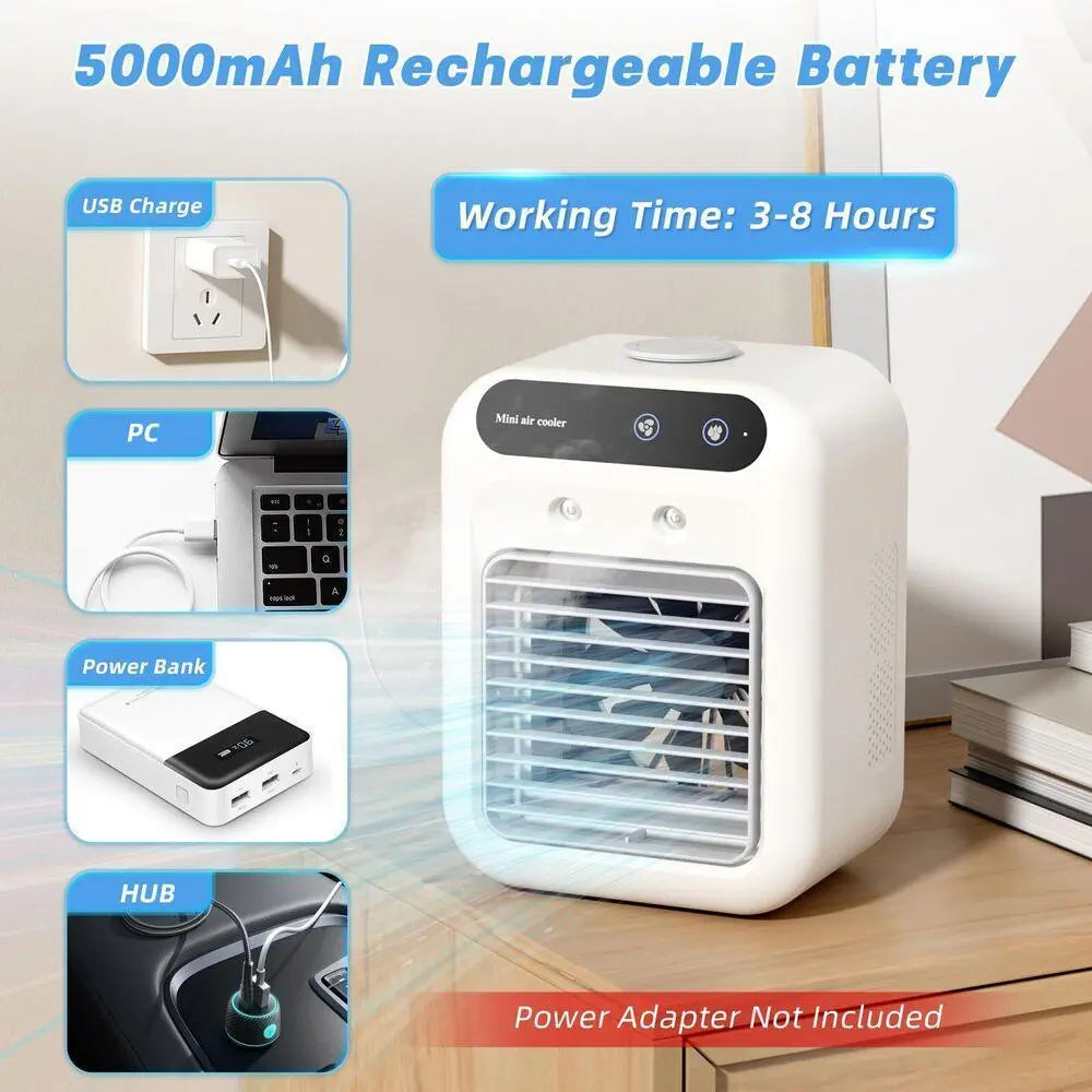 Dealsforyou 3-in-1 Portable Air Conditioner Fan with Dual Mist Speeds - Personal Evaporative Cooler for Bedroom, Office, and Camping, Featuring 1800mAh Battery and 500ml Water Tank (Not an AC Unit)