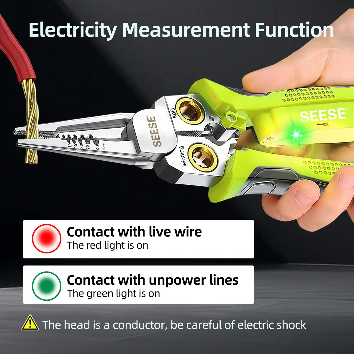SEESE 8 in 1 Wire Stripper Twister for Cutting and Pulling Wires, Voltage Tester Pliers,Cable Scissors, 12V to 250V Live,Null,Hot Wire Judgment AC DC, Audible and Flashing LED Alarms