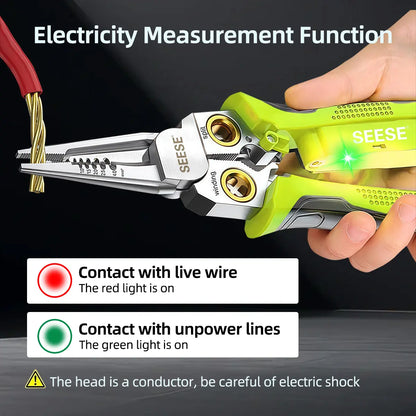 SEESE 8 in 1 Wire Stripper Twister for Cutting and Pulling Wires, Voltage Tester Pliers,Cable Scissors, 12V to 250V Live,Null,Hot Wire Judgment AC DC, Audible and Flashing LED Alarms