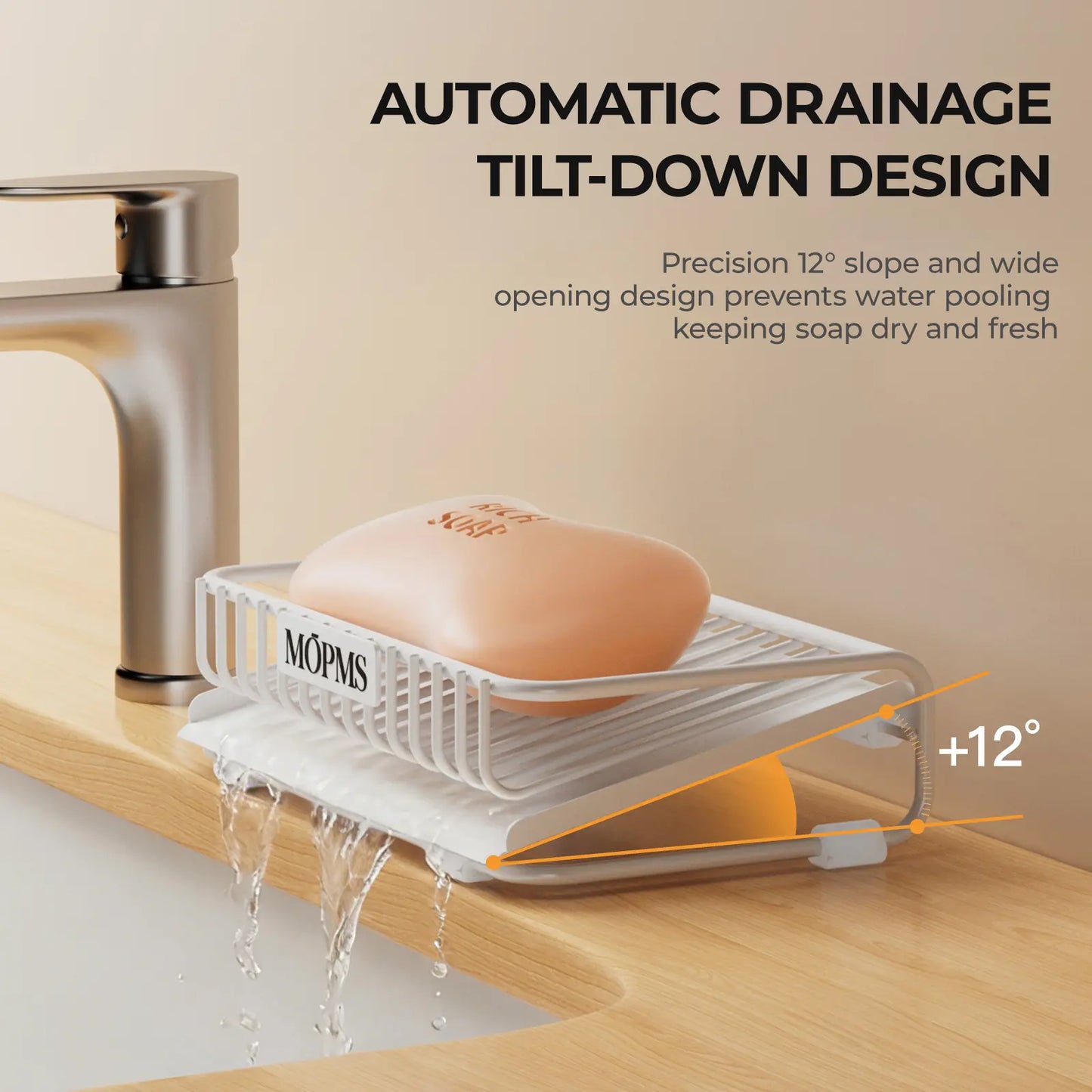 MOPMS Self-Draining Soap Dish Set, 2-Piece Carbon Steel Bar Soap Holder with Waterfall Design, Rustproof Soap Saver for Bathroom, Shower, Kitchen Sink, and Countertop