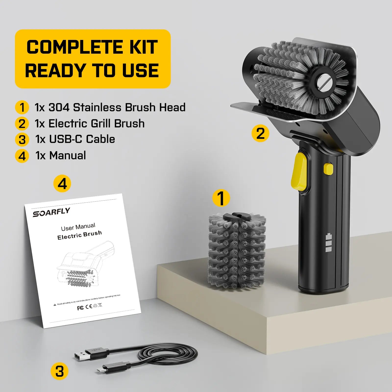 SOARFLY G9 Cordless Electric Grill Brush with 600RPM Motor, Safety Locks, and Two 304 Stainless Steel Brush Heads - Compact Design for Tight Spaces and Corners
