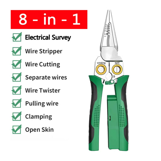 SEESE 8 in 1 Wire Stripper Twister for Cutting and Pulling Wires, Voltage Tester Pliers,Cable Scissors, 12V to 250V Live,Null,Hot Wire Judgment AC DC, Audible and Flashing LED Alarms