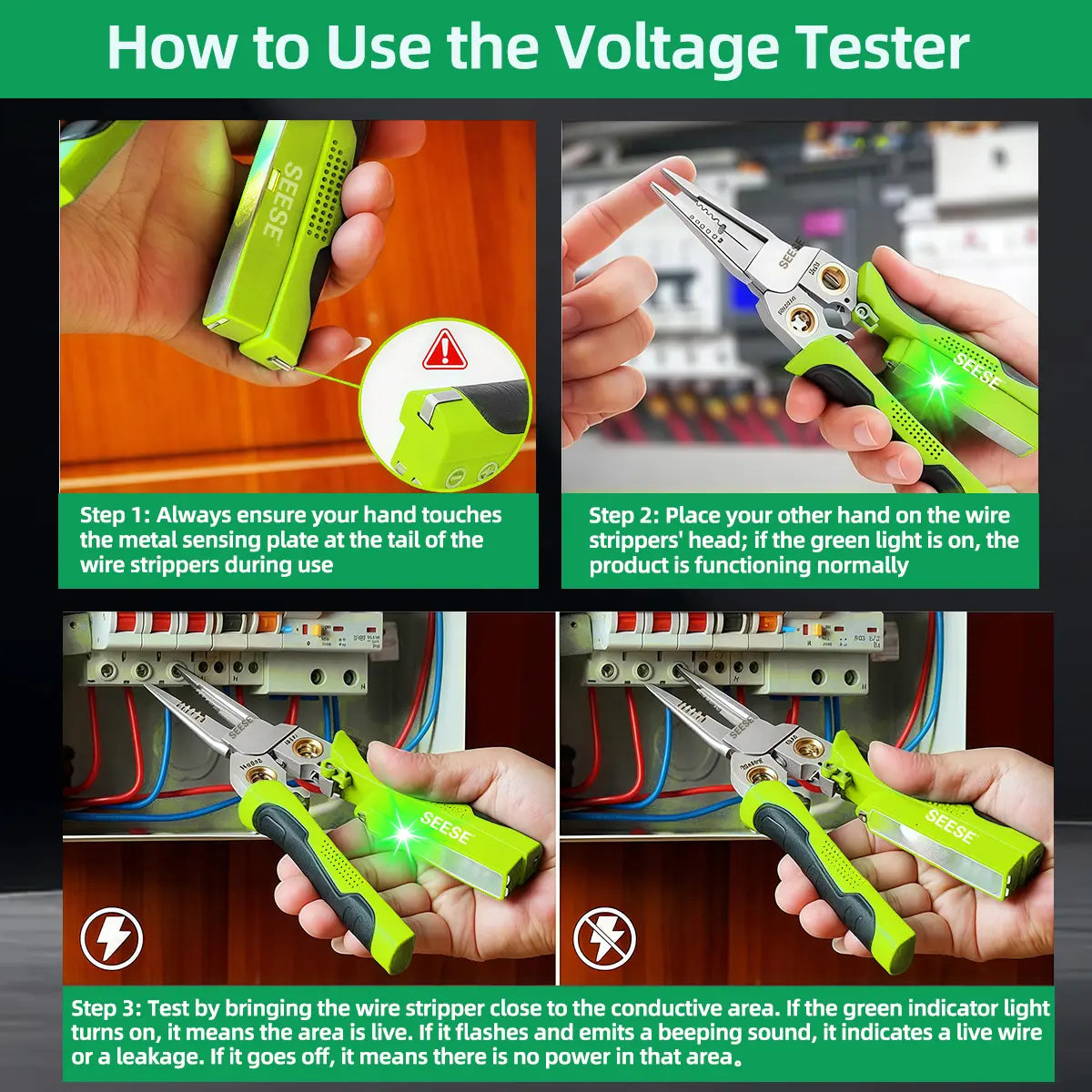 SEESE 8 in 1 Wire Stripper Twister for Cutting and Pulling Wires, Voltage Tester Pliers,Cable Scissors, 12V to 250V Live,Null,Hot Wire Judgment AC DC, Audible and Flashing LED Alarms