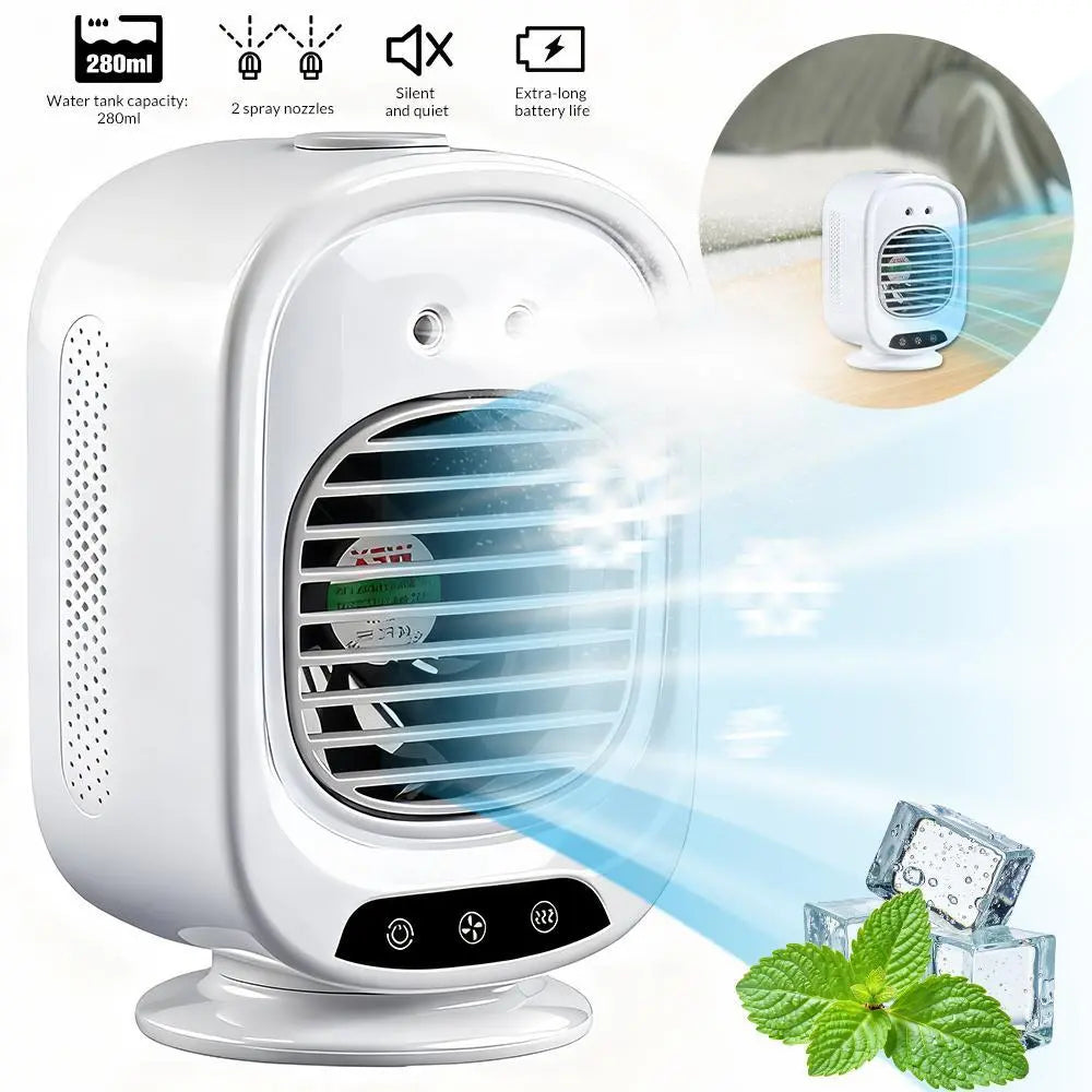 Dealsforyou 3-in-1 Portable Air Conditioner Fan with Dual Mist Speeds - Personal Evaporative Cooler for Bedroom, Office, and Camping, Featuring 1800mAh Battery and 500ml Water Tank (Not an AC Unit)
