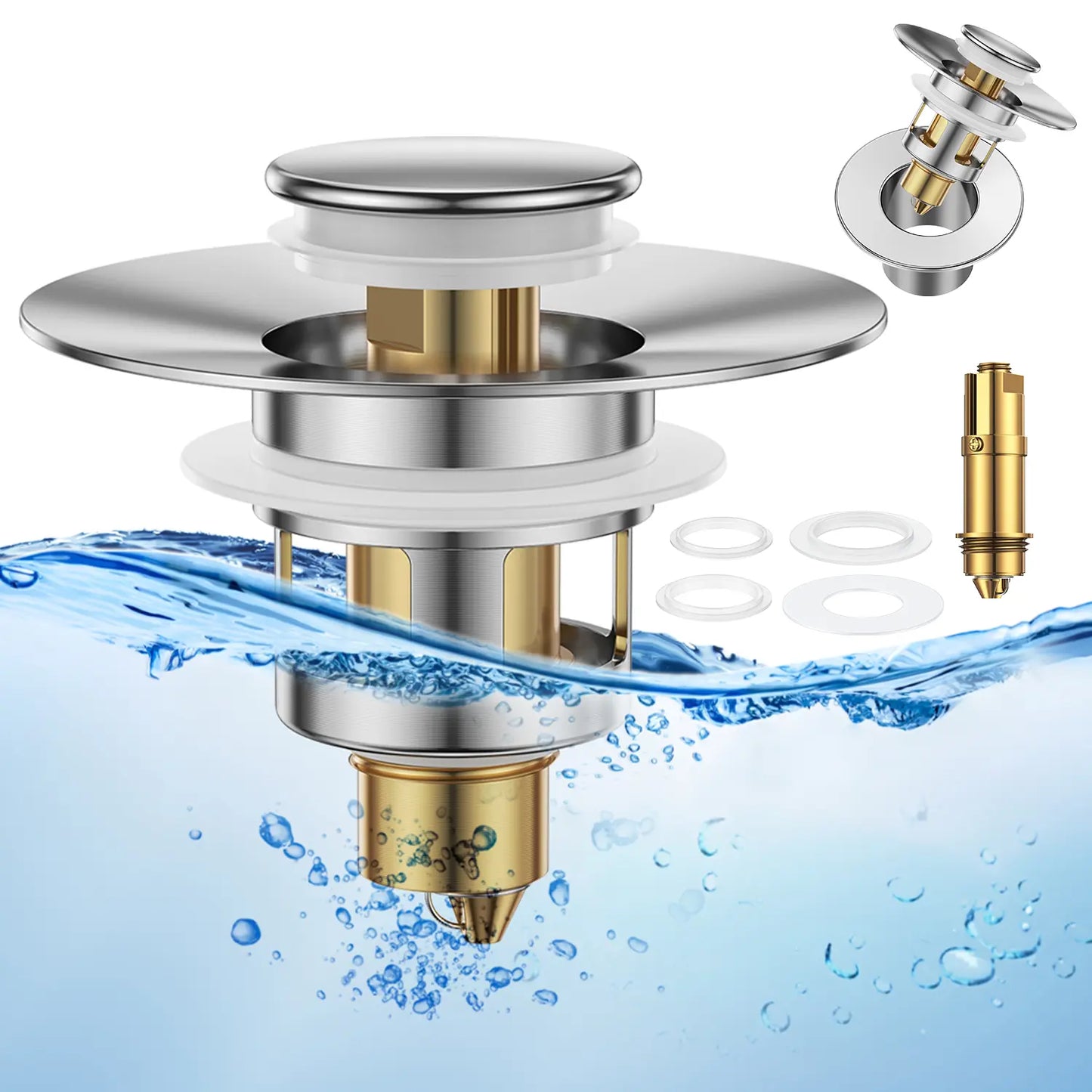 JOMST Bath Universal 2-In-1 Bathroom Sink Stopper, Pop-Up with Anti-Clog Removable Stainless Steel Filter Basket Drain Hair Stopper, Anti-Odor Stopper