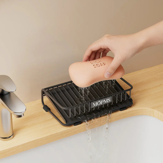 MOPMS Self-Draining Soap Dish Set, 2-Piece Carbon Steel Bar Soap Holder with Waterfall Design, Rustproof Soap Saver for Bathroom, Shower, Kitchen Sink, and Countertop